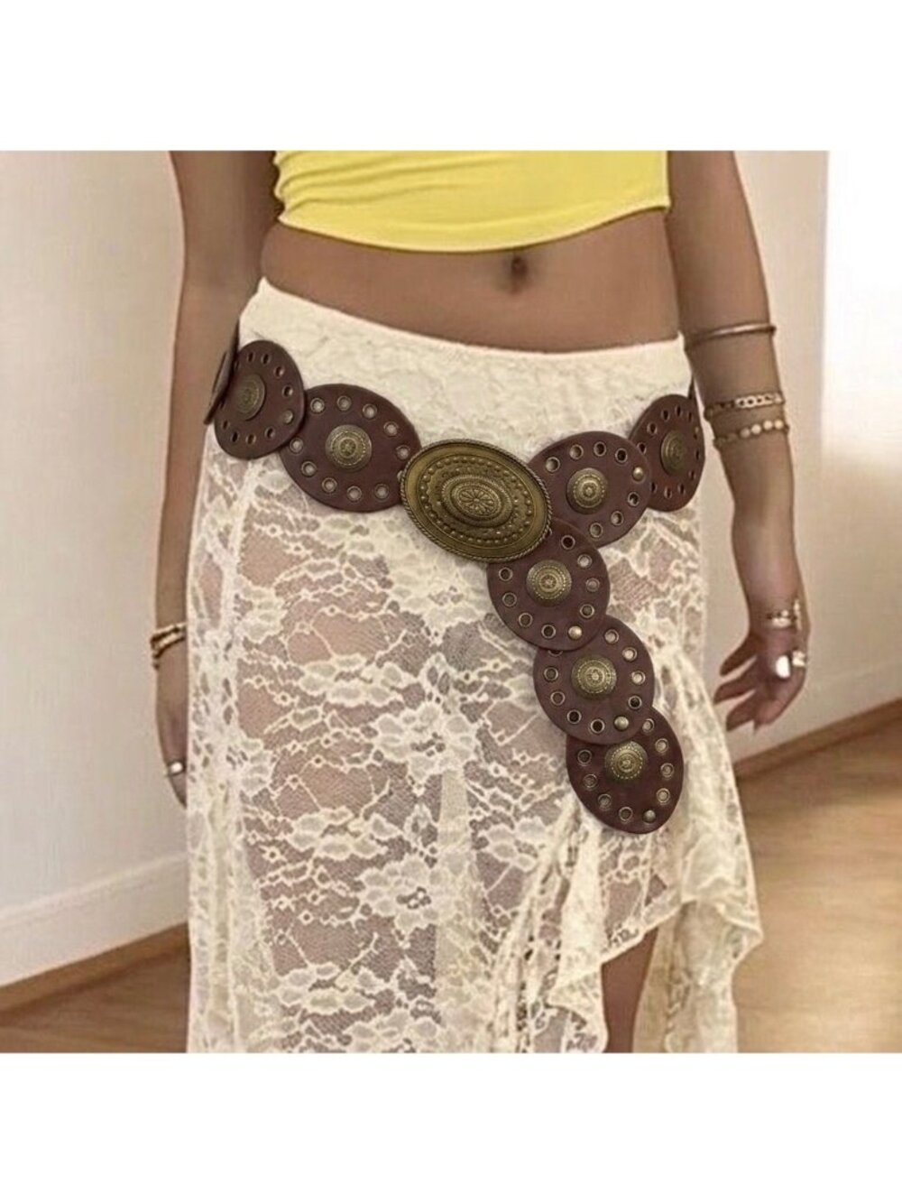 Y2K Fairy Grunge Boho Wide Belt Brown Leather Oval Buckle Adjustable Gipsy - Picture 10 of 10